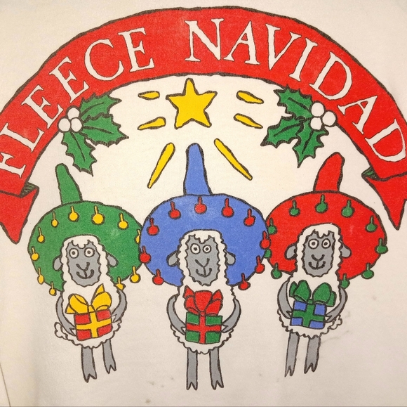 Vintage 1980s Fleece Navidad Sheeps Spanish Christmas Xmas Crewneck Sweatshirt - Picture 2 of 4